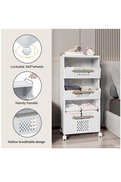 COOYA 3-layer laundry basket,detachable and foldable,multi-partition storage,with handles and wheels,white