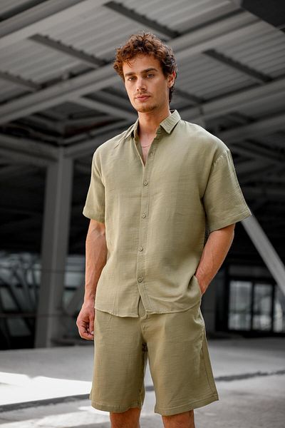 Pobudo Khaki Color Linen Look Muslin Summer Suit - Shirt and Shorts Men's Suit