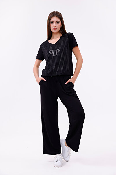 VeraBella Women's Stoned Modal Fabric Basic Short Sleeve Tracksuit Set