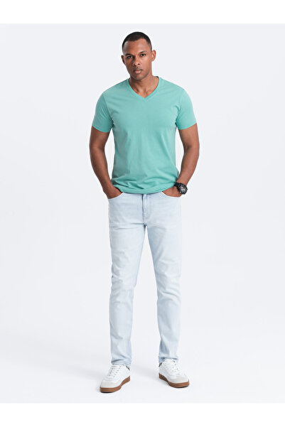 OMBRE Pánské klasické bavlněné tričko BASIC s výstřihem do V - tyrkysové V15 OM-TSBS-0145 XXL