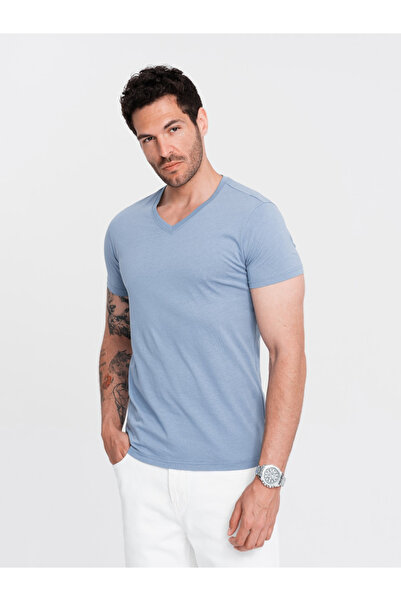 OMBRE Pánské klasické bavlněné tričko BASIC s volánovým výstřihem - modré V20 OM-TSBS-0145 4XL