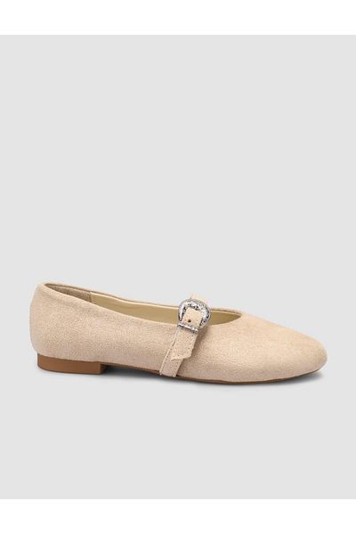 Cabani Suede Look Buckle Detailed Beige Women's Ballerinas