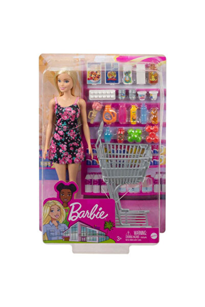 mattel Papusa Barbie in Supermarket, cu cos de cumparaturi și 20 de accesorii