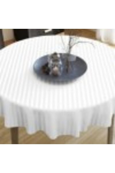 Pucioasa Round striped damask tablecloth, 100% cotton, 240 cm, white