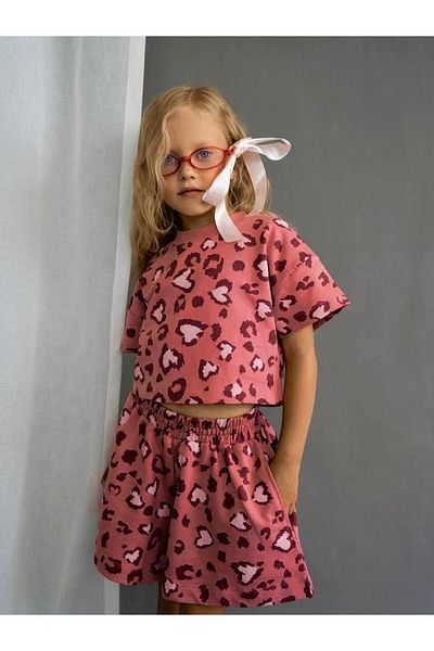 Magu Girls Cotton Dusty Rose Heart Print Leopard Crop T-Shirt and Shorts Set