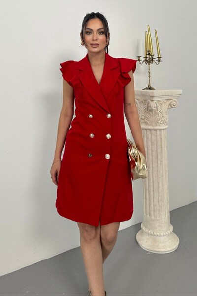 spirituel Kadın Elbise Kısa Kruvaze Yaka Volan Kol Fırfırlı Düğme Detaylı Ceket Elbise