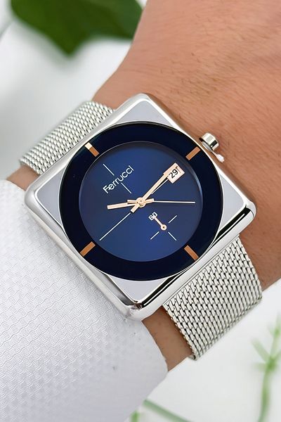 Ferrucci Men's Wristwatch with Calendar Steel Case & Steel Cord Silver-Blue Zmfer183