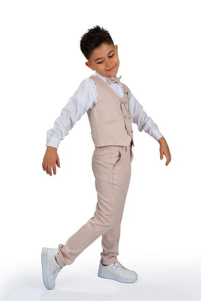 Magu Boy's Linen Look Stone Colored Vest Pants Set - Bow Tie and Chain Accessories