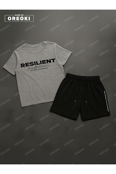 EFFRENATU Durable Printed Cotton Fabric Men's Gray T-Shirt-Siayh Shorts Set