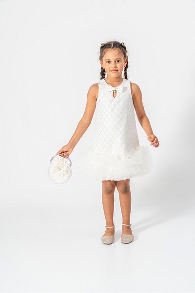 Magu Girl's Ecru Sequin Embroidered Bow Tulle Evening Dress