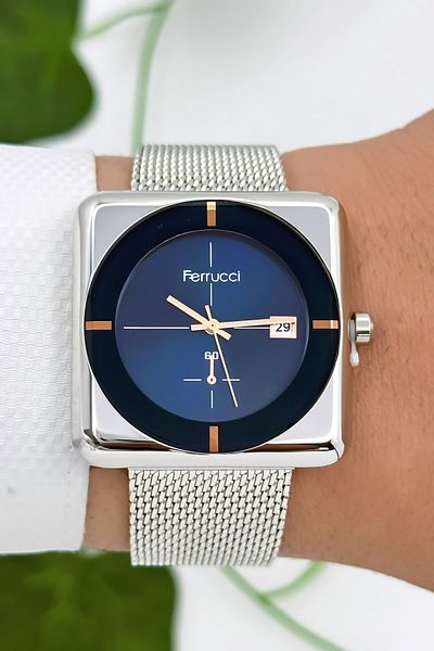 Ferrucci Men's Wristwatch with Calendar Steel Case & Steel Cord Silver-Blue Zmfer183