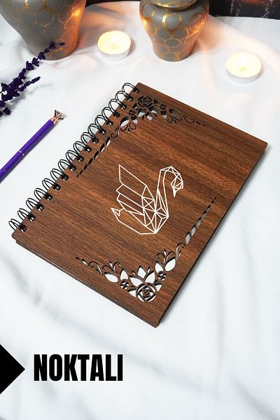 markcat Swan Wooden Cover Notebook - Dotted Notebook - 60 Sheets (120 Pages) - A5 15X21 cm
