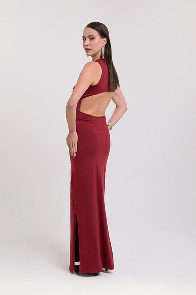 AFLOOW Women's Burgundy Backless Side Slit Maxi Dress - the Bold Side of Elegance