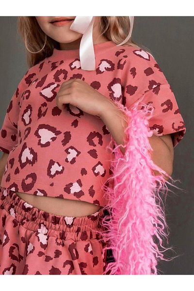 Magu Girls Cotton Dusty Rose Heart Print Leopard Crop T-Shirt and Shorts Set