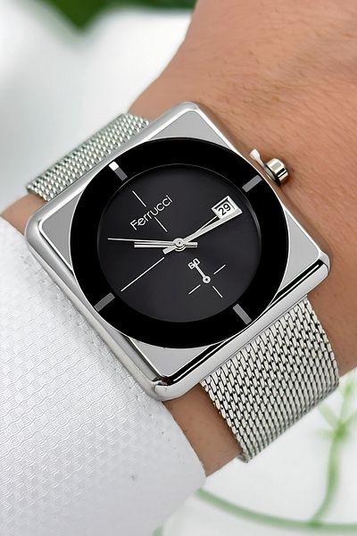 Ferrucci Men's Wrist Watch with Calendar Steel Case & Steel Cord Silver-Black Zmfer183