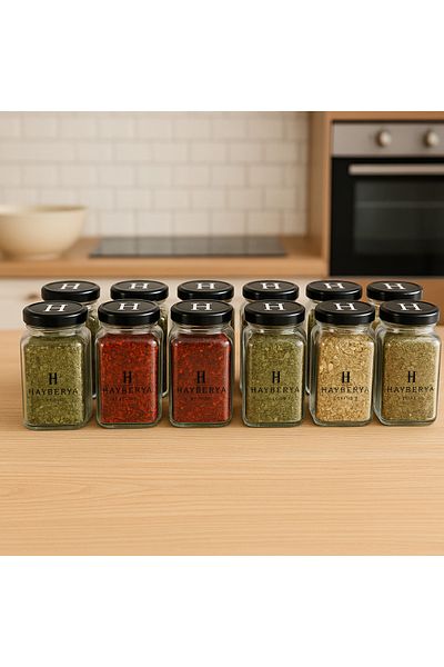 Blissra Set of 12 Glass Spice Jars - Black Lids |   Spoon Compatible 200 ml