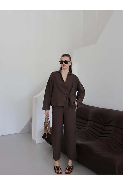 ZENİSO BUTİK Bel Tie Shirt & Blouse Pants Set Women's Double Set