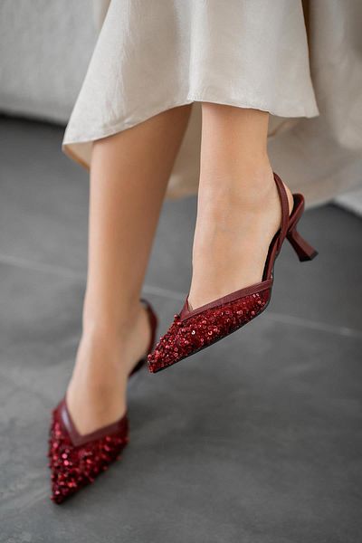Parponi Saly Sequin Heeled Evening Dress Shoes Burgundy