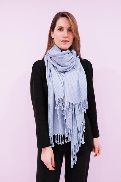 Defne&Apollon İpekçilik Hand Woven Peace Silk Wide Shawl 95 X 200 cm - Blue