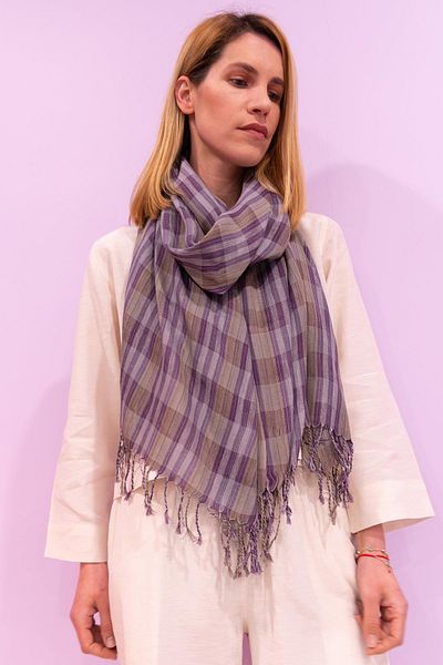 Defne&Apollon İpekçilik Hand-Woven Peace Silk Plaid Pattern Shawl 70 X 190 cm - Purple