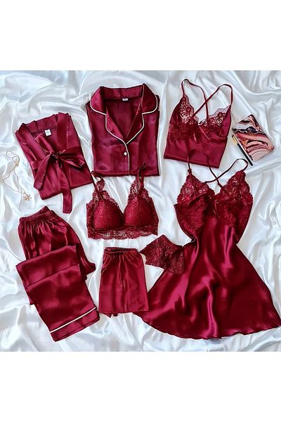 cdh çeyize dair herşey Set de 8 piese din satin uriaș Burgundy