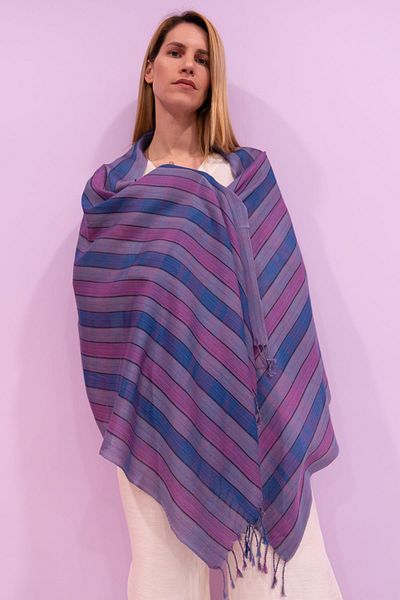 Defne&Apollon İpekçilik Hand Woven Peace Silk Thick Line Shawl 70 X 200 cm