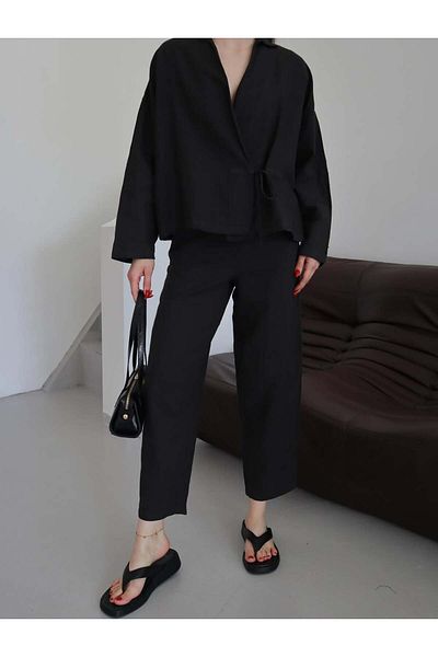 ZENİSO BUTİK Bel Tie Shirt & Blouse Pants Set Women's Double Set