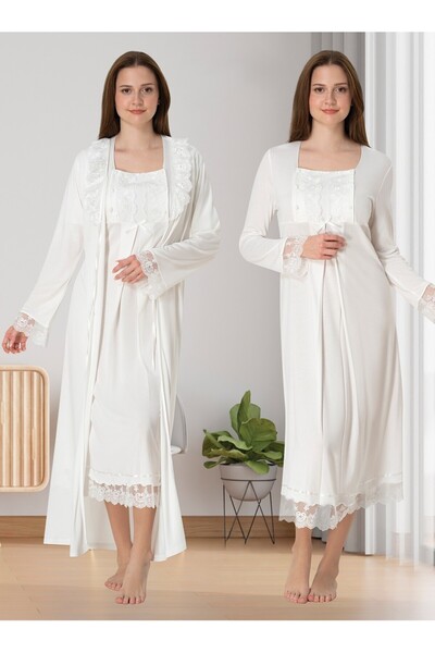 BLACKMORE Ekru Özel Dantelli Tasarım Lohusa Hamile Gecelik-Sabahlık 2'lİ Takım