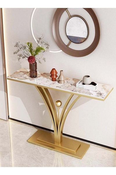 Raffine Modern Design Rock Slab Console Table White Sintered Stone Entryway Table White and Gold Geometric L