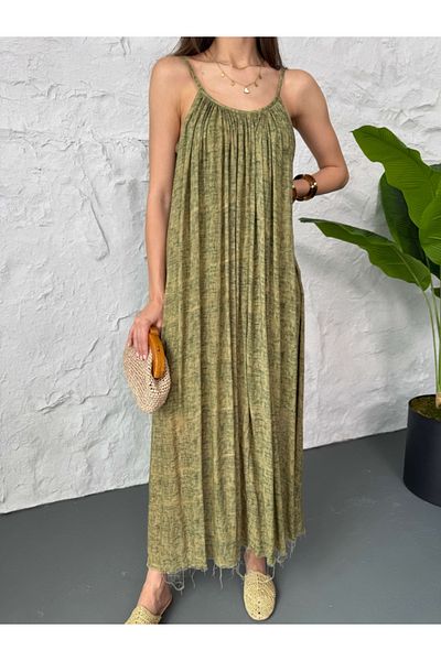 Elif Özbey Butik Χακί Πλυμένο Λινό Φόρεμα με Κρεμάστρα