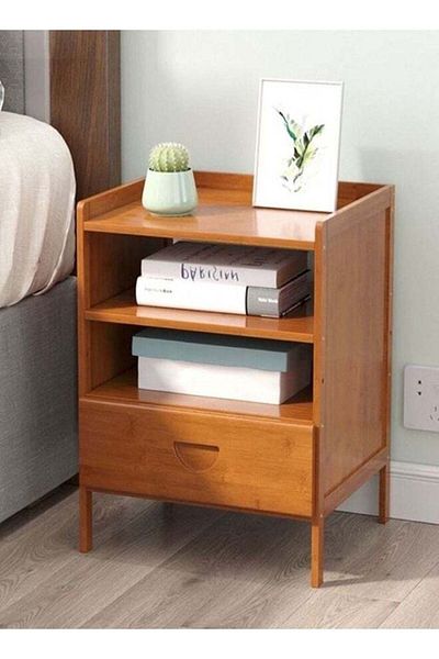 Raffine Multipurpose Open Shelves Durable Bamboo Bedside Cabinet Nightstand Simple Modern Storage Side Table