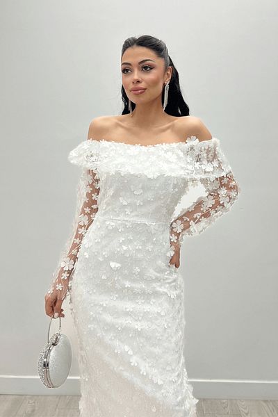 giyimmasalı Three Size Floral Fabric Boat Neck Pencil Dress - WHITE
