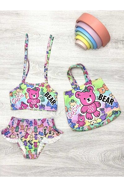 MİLAYS LİFE HOME COLLECTİON Mi̇lays Girl's Character Printed Skirt with Ruffles - Drawstring Tie Bag Swimsuit Bikini 3-Piece Set