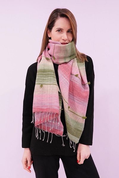 Defne&Apollon İpekçilik Hand-Woven Wool Shawl 65 X 205 cm - Pink-Green