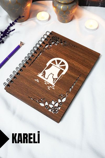 markcat Cat Window Wooden Cover Notebook - Checkered Notebook - 60 Sheets (120 Pages) - A5 15X21 cm