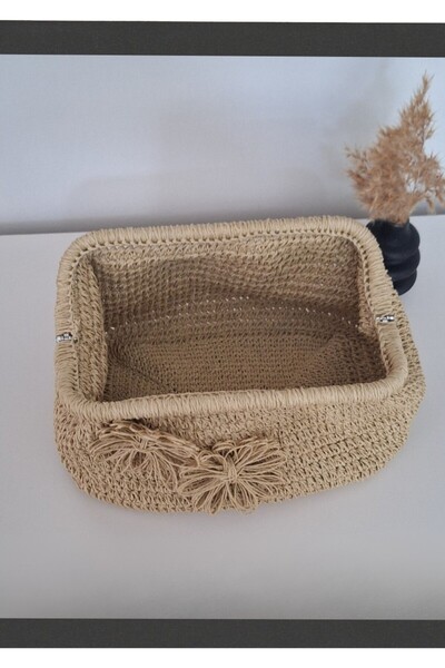 Butik KADIN BEj GİZLİ BURSLU HAND MADE, EL ÖRGÜSÜ, KAĞIT İPTEN YAZLIK EL ÇANTASI, CLUTCH , PORTFÖY