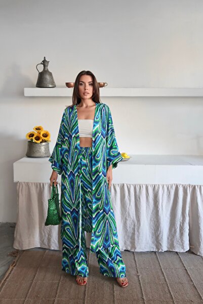 Paw Garage Kadın Desenli Kimono Pantolonlu Yazlık Takım