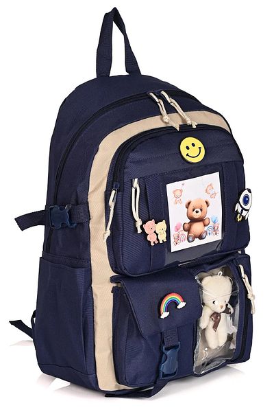 Catwins Rucsac de școală în stil coreean Kawaii cu accesorii și ursuleț bleumarin