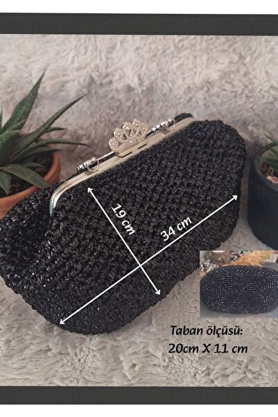 Butik KADIN SİYAH METAL ÇANTA KULPLU METALİK RAFYA İPTEN YAZLIK EL ÇANTASI,HAND MADE EL ÖRGÜSÜ