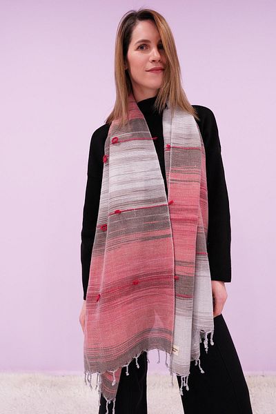 Defne&Apollon İpekçilik Hand-Woven Wool Shawl 65 X 205 cm - Pink-Gray