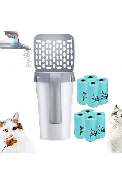 YAWMLYE Cat litter scoop set with attached litter bin and 120 YAWMLYE filler bags, plastic, gray/blue