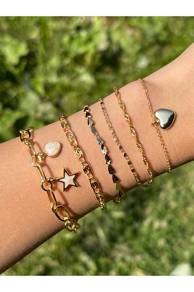 Eylülün Takısı Women's Gold Color 6-Piece Heart Star Bracelet Chain Set