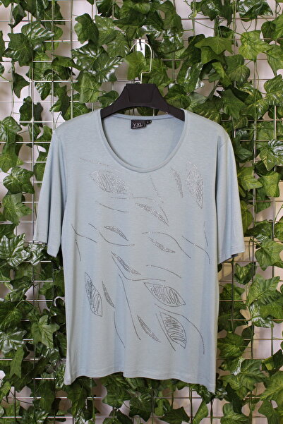 YXL COLLECTION Γυναικεία μπλούζα με κοντό μανίκι με λικράλη με λαιμόκοψη με π...