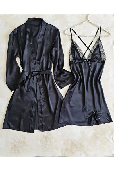 cdh çeyize dair herşey Black Soft Satin 6-Piece Dowry Set with Morning Dress 6502