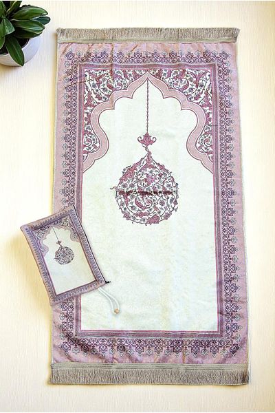 ihvanonline Portable Pouch Mihrap Patterned Silk Textured Velvet Prayer Rug Fuchsia