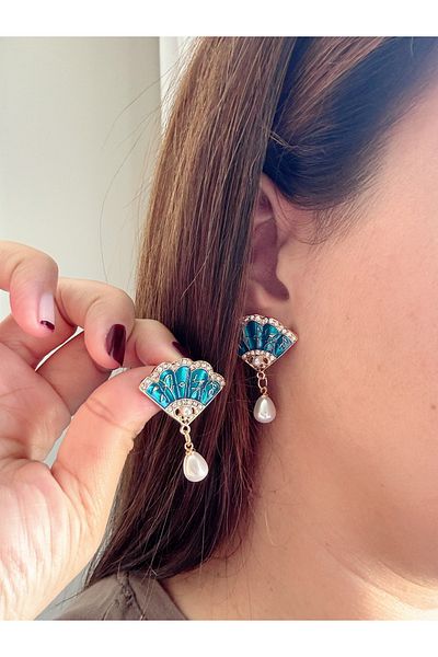 Gümüş sandık Pearl Fan Steel Earrings