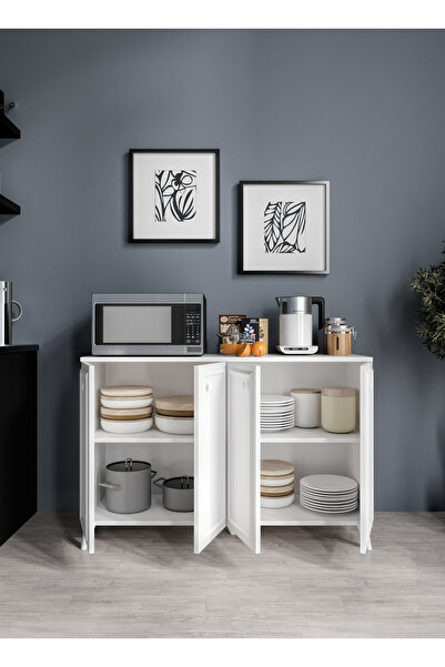 KZNMOB HOME Stella Çok Amaçlı Country Dolap, 4 Kapaklı Country Kiler Mutfak Dolabı Beyaz, Country Konsol