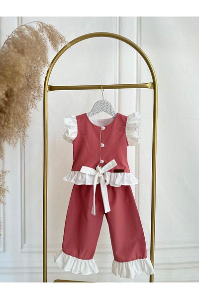Hobidik Girls' Brick Cotton Poplin Button Bow Tie-Up Bottom Top Set