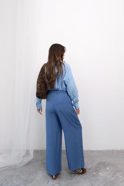 Hatun Atila Summer Relaxed Fit High Waist Rope Lace-Up Wide Leg Loose Trousers - Blue
