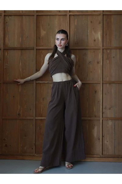 ZENİSO BUTİK Women's Cross Tie Crop Top & Blouse Pants Double Set